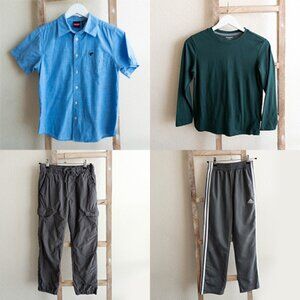 BUNDLE Four Big Boys Items Sz 10-12 Two Shirts Two Pants Blue Green Gray Rugged